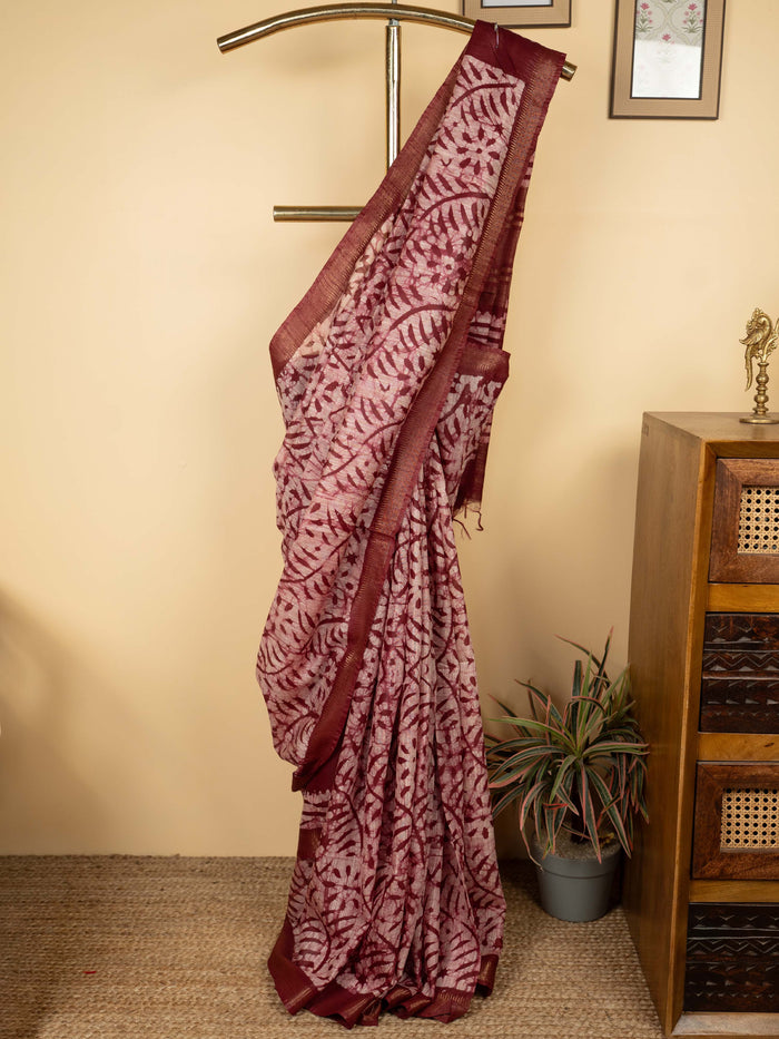 Pink Chanderi Block Printed Saree