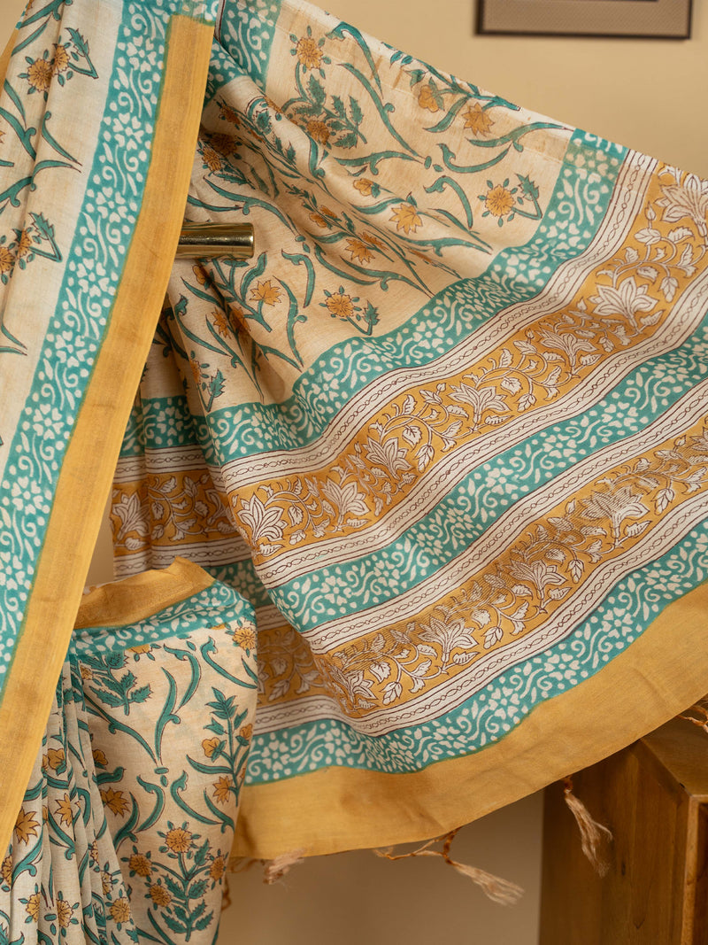 Beige Chanderi Block Printed Saree