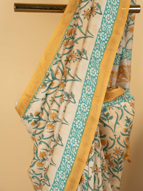 Beige Chanderi Block Printed Saree