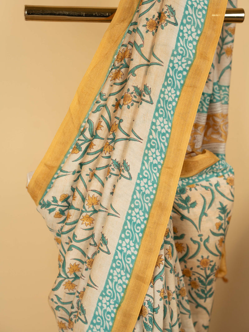 Beige Chanderi Block Printed Saree