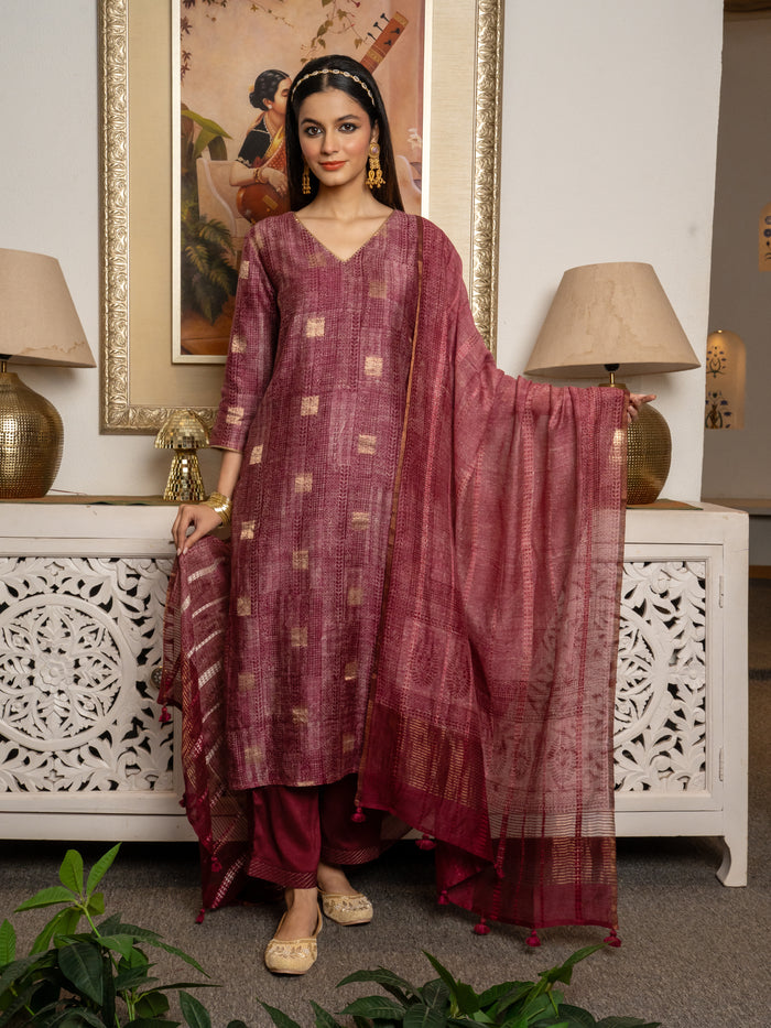 Wine Rose Tussar Silk Handblock Print V- Neck Complete Suit Set For Women's