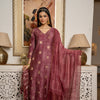 Wine Rose Tussar Silk Handblock Print V- Neck Complete Suit Set For Women's