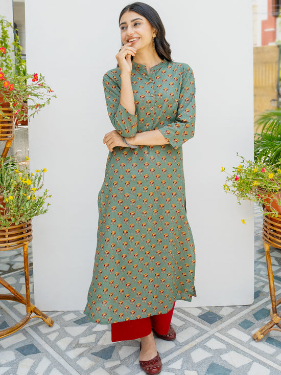 Green Printed Cotton Kurta For Women's