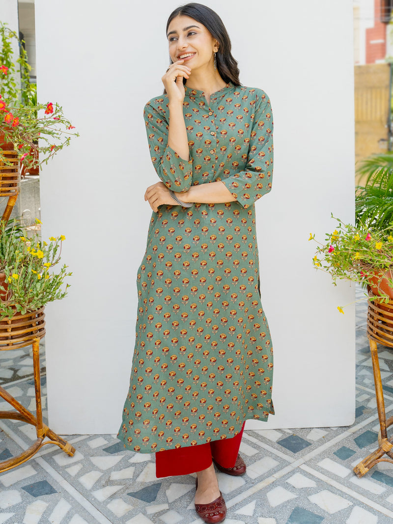 Green Printed Cotton Kurta For Women's