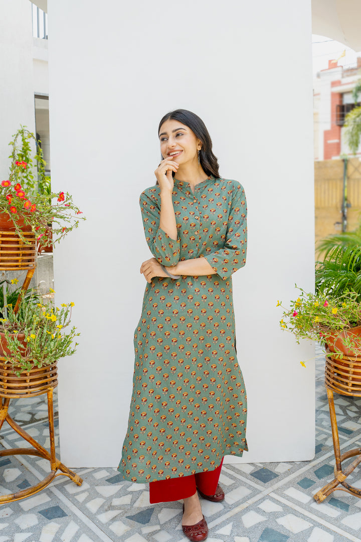 Green Printed Cotton Kurta For Women's