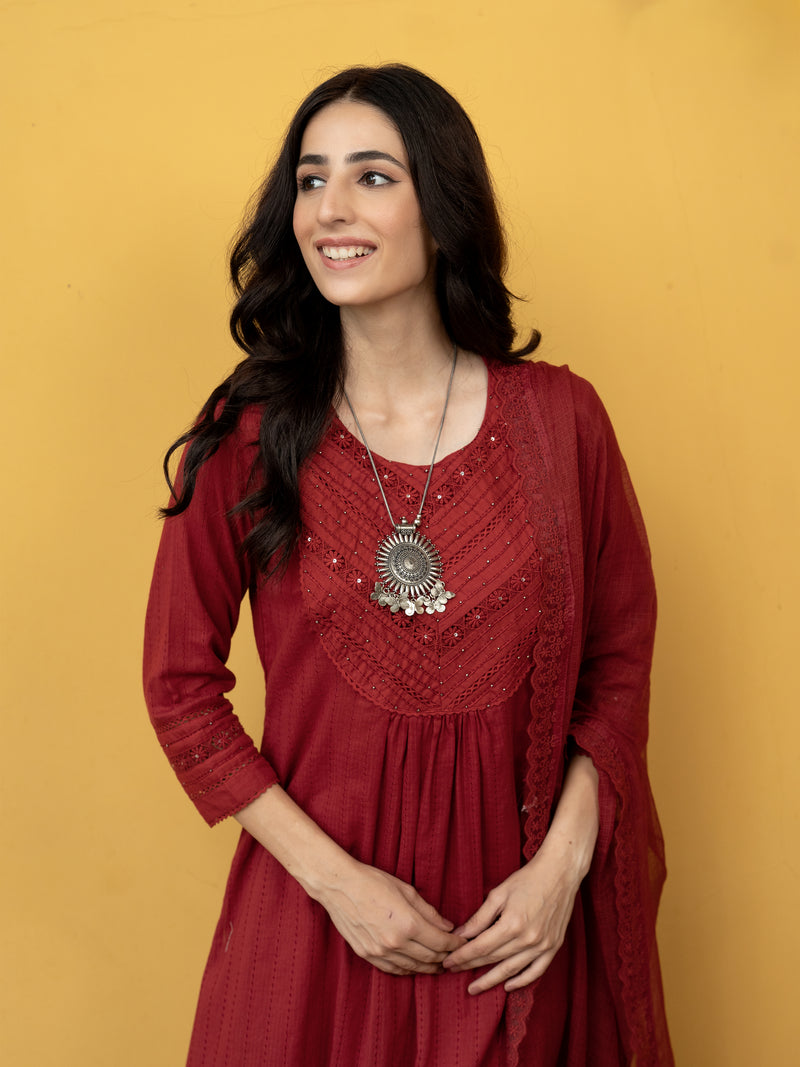 Maroon Cotton Dobby Complete Suit Set For Women's