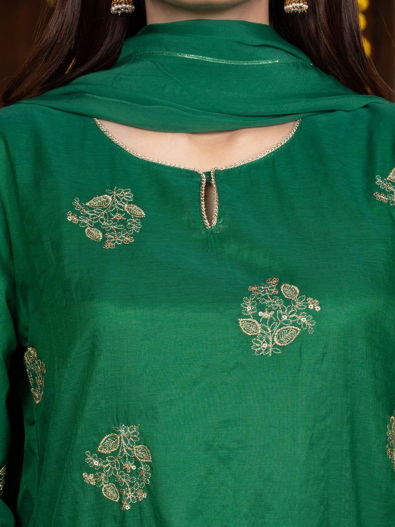 Green Chanderi Round Complete Suit Set For Women's