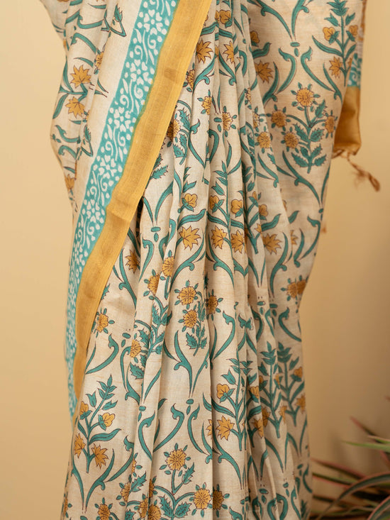 Beige Chanderi Block Printed Saree