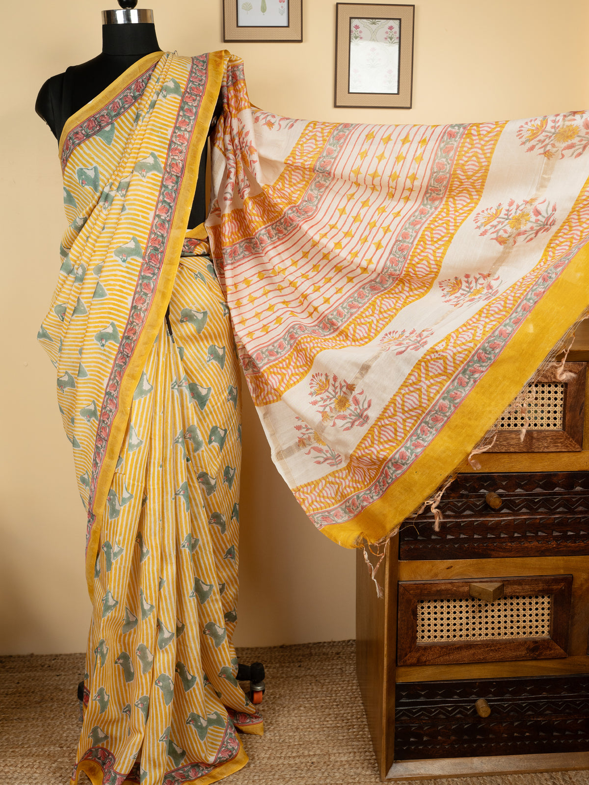 Yellow Chanderi Block Print Saree