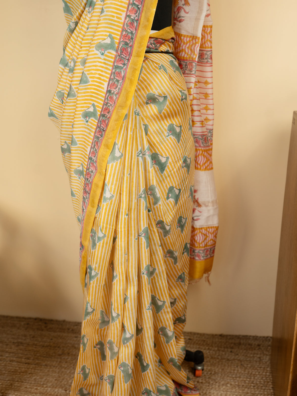 Yellow Chanderi Block Print Saree