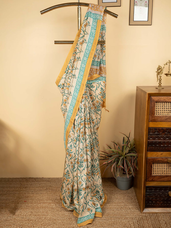 Beige Chanderi Block Printed Saree