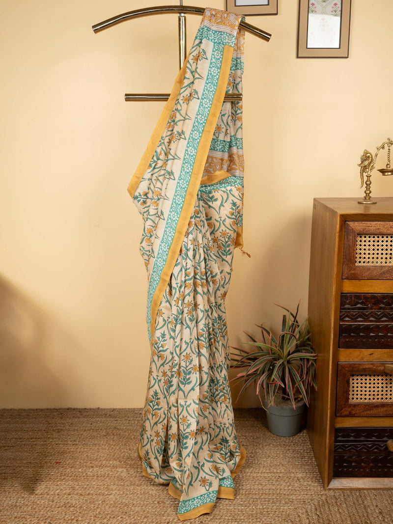 Beige Chanderi Block Printed Saree