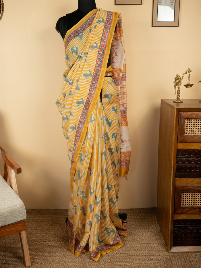 Yellow Chanderi Block Print Saree