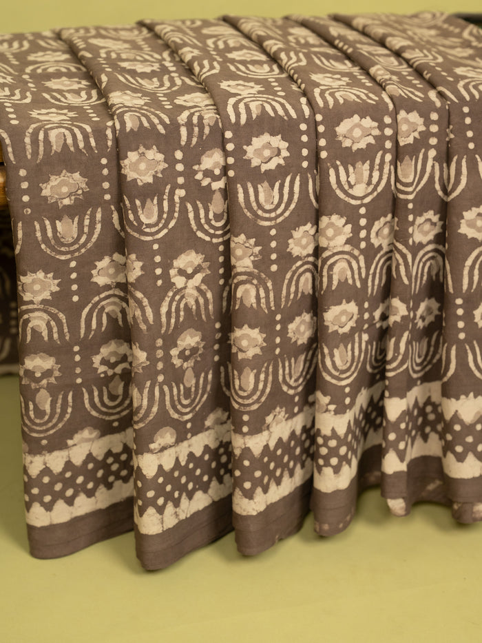 Greenish Beige Cotton Block Printed Saree