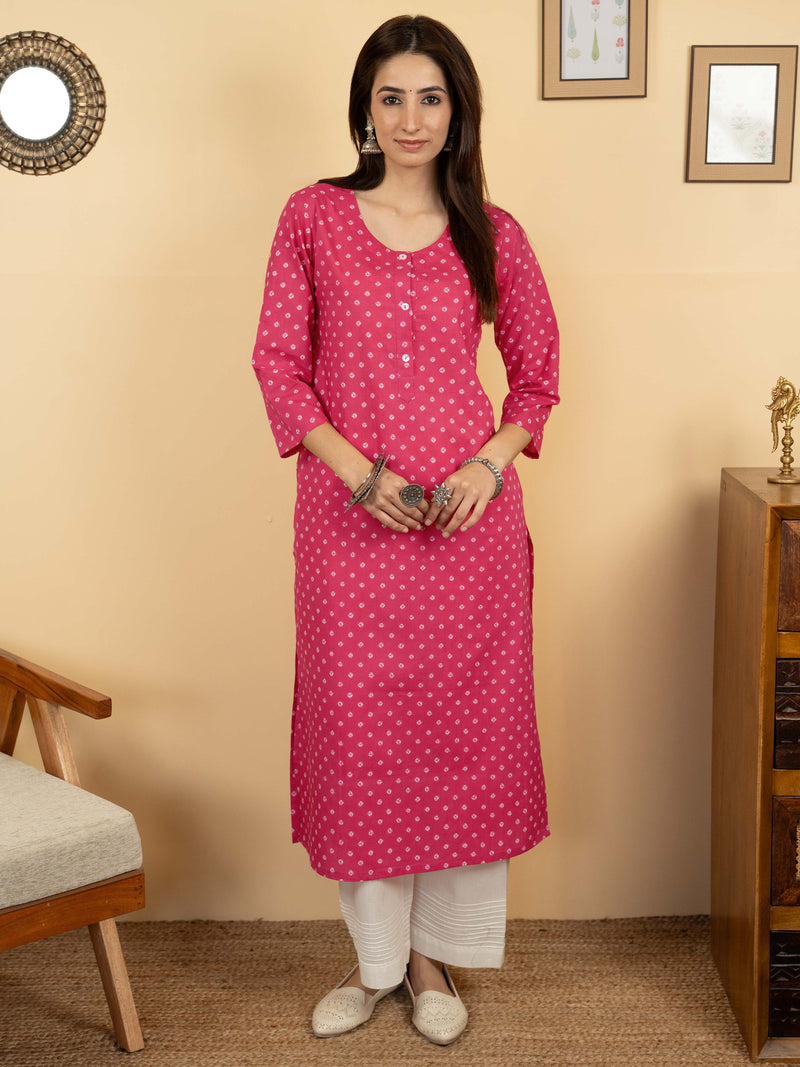 Pink Colour Cotton Round With Collar Neck Bandhani Print Kurta