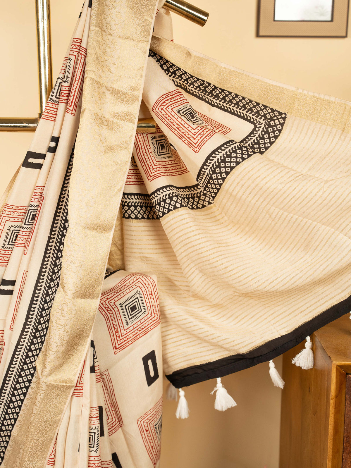 Beige Dola Silk Block Printed Saree