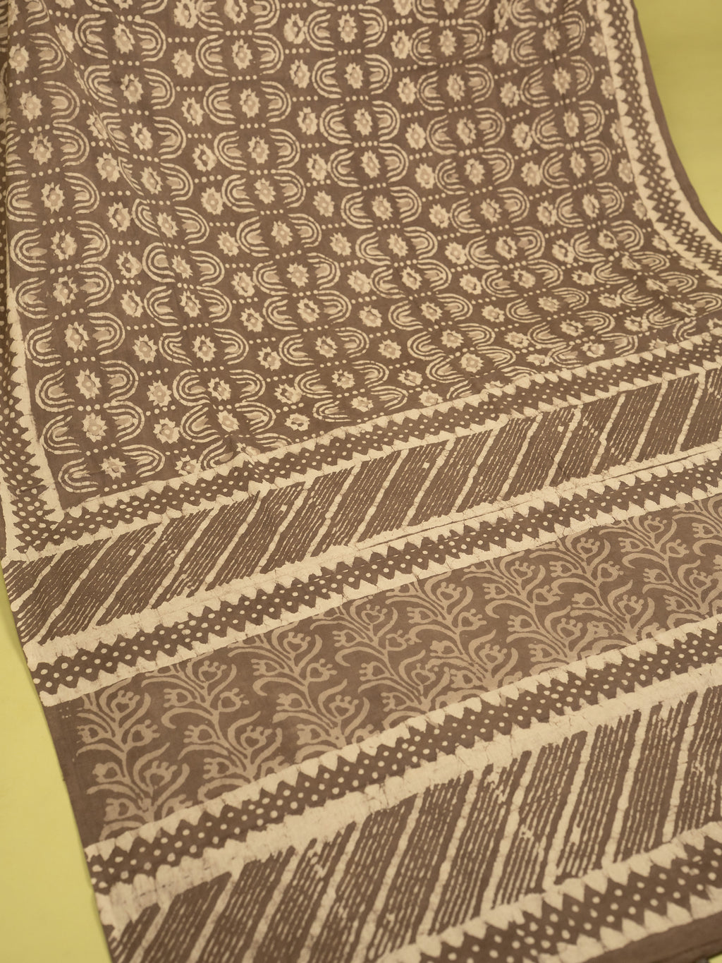 Greenish Beige Cotton Block Printed Saree