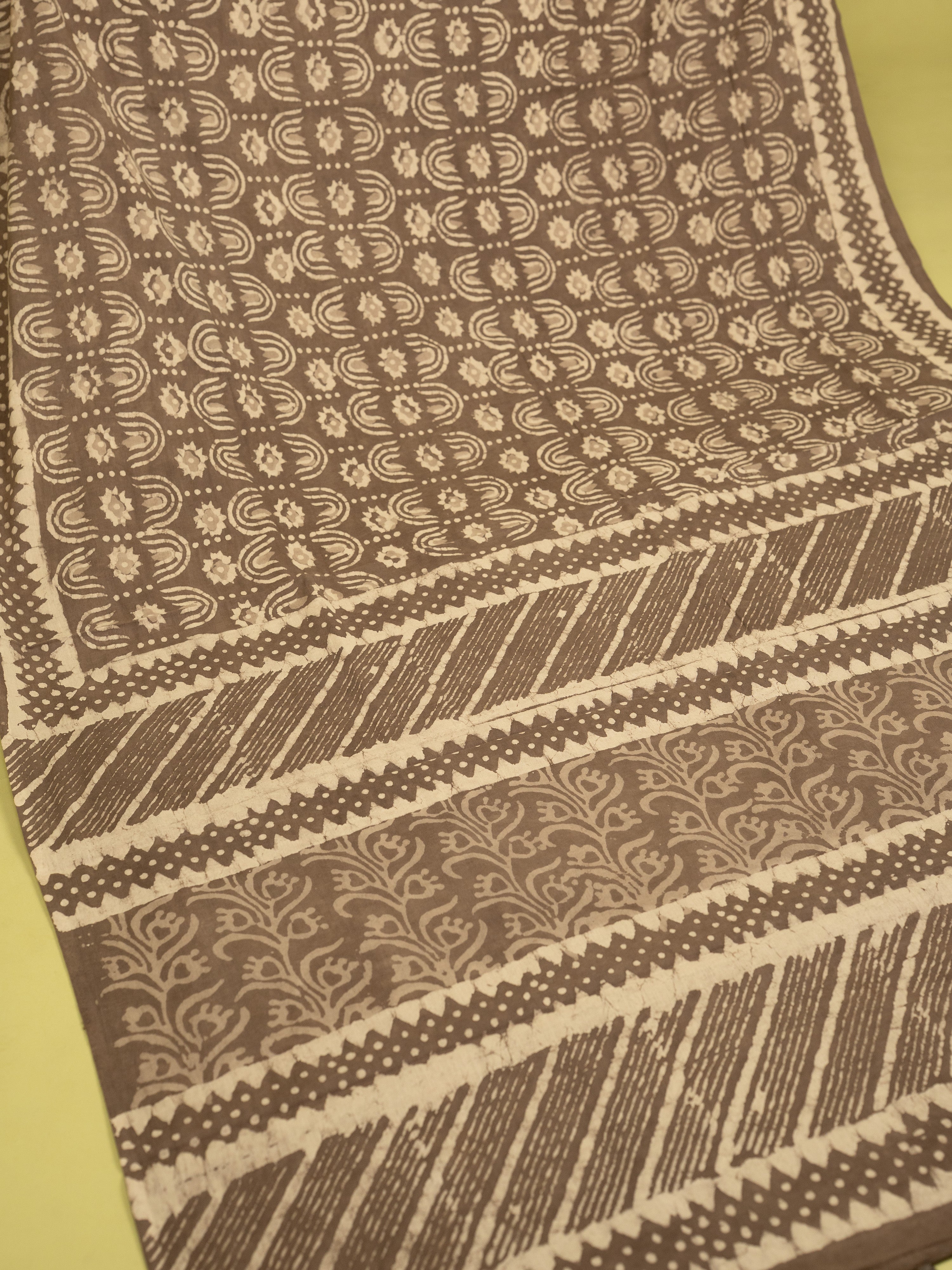 Greenish Beige Cotton Block Printed Saree