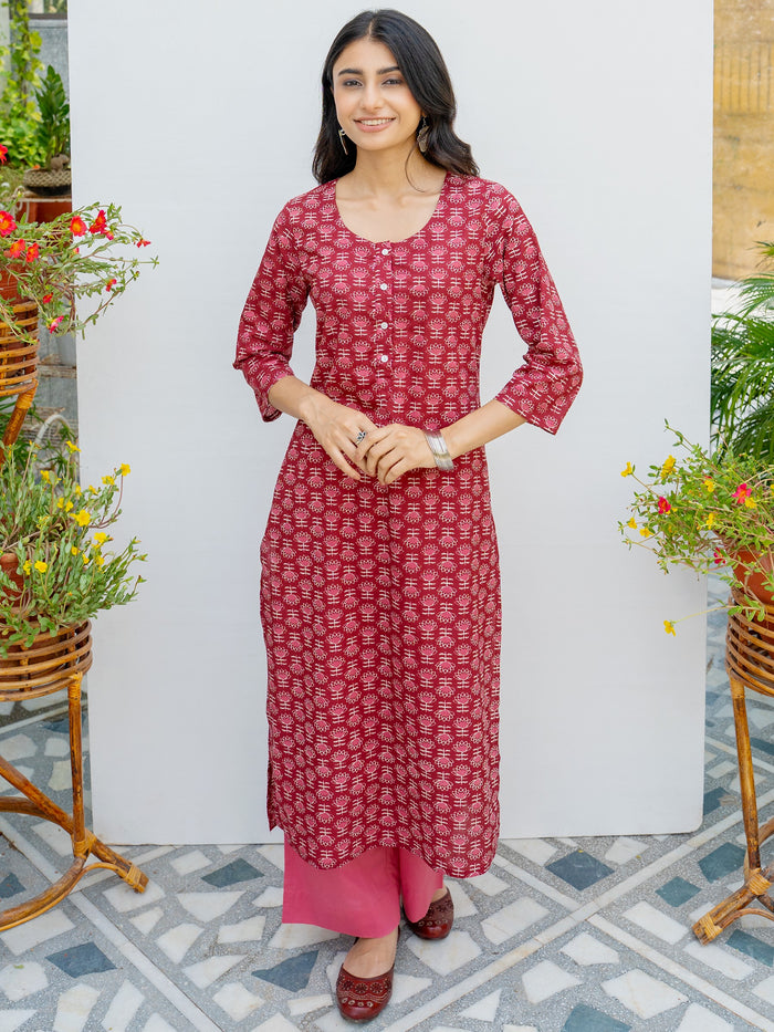 Onion Pink Cotton Booti Print Kurta For Women's