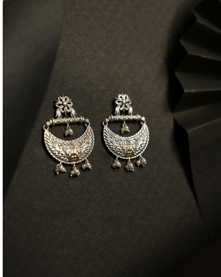 Floral Crescent Silver Earrings