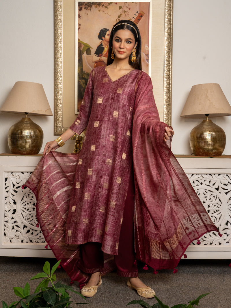Wine Rose Tussar Silk Handblock Print V- Neck Complete Suit Set For Women's