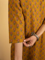 Mustard Colour Cotton Round With V Neck Block Print Kurta For Women's