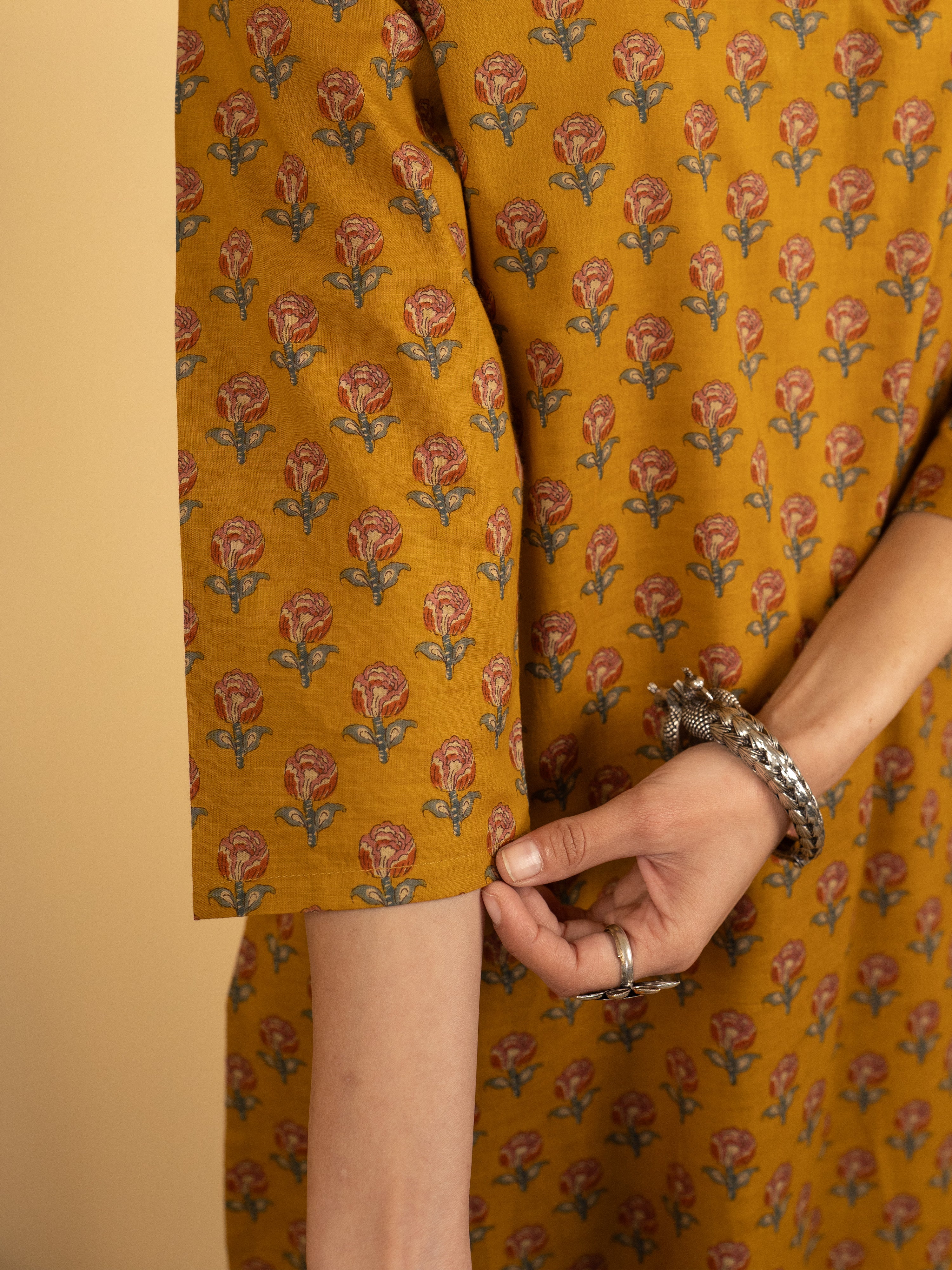 Mustard Colour Cotton Round With V Neck Block Print Kurta For Women's
