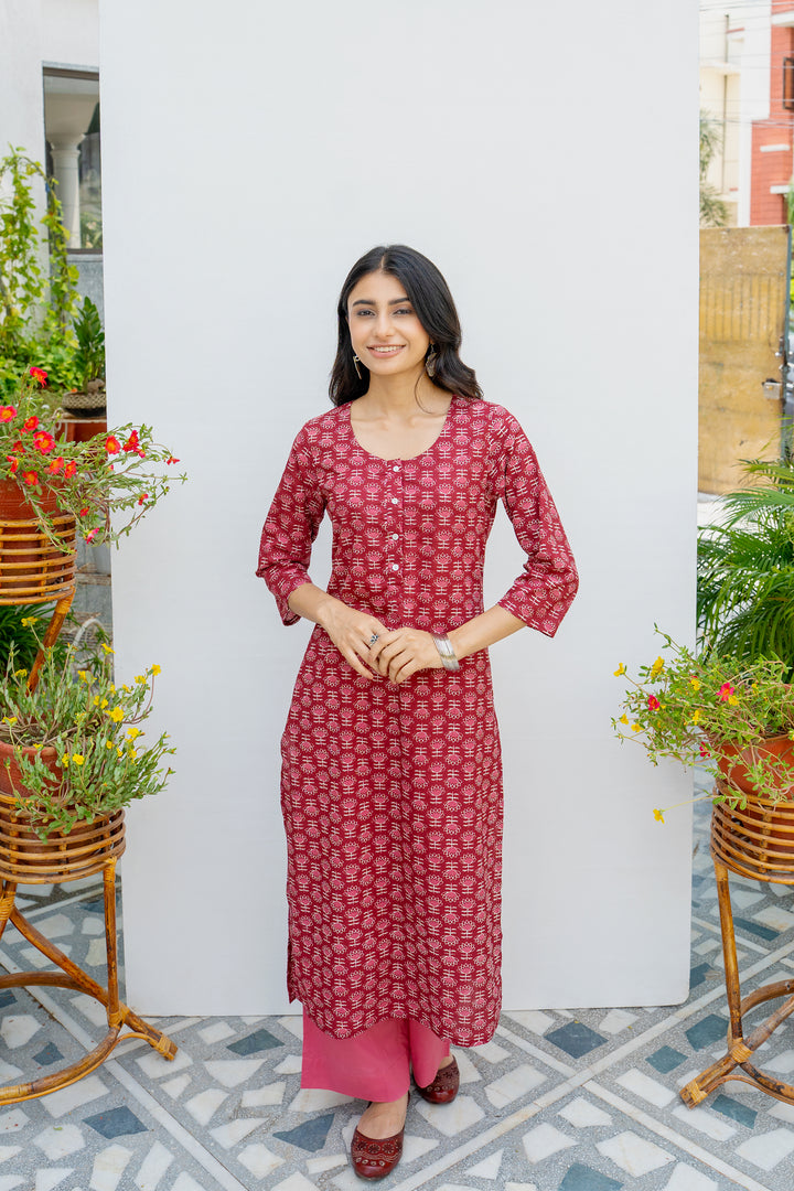 Onion Pink Cotton Booti Print Kurta For Women's
