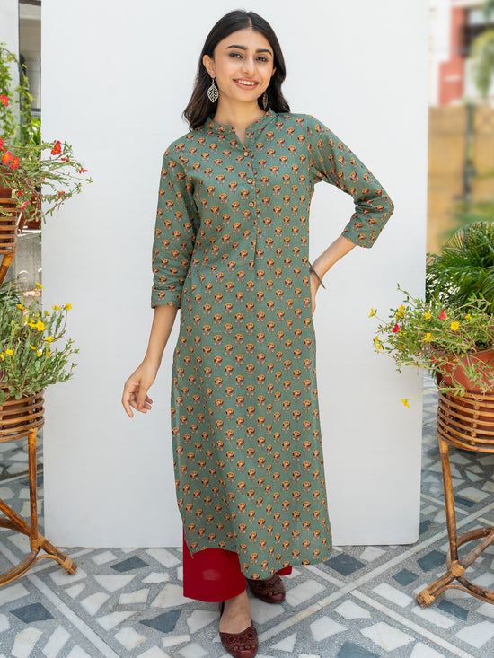 Green Printed Cotton Kurta For Women's