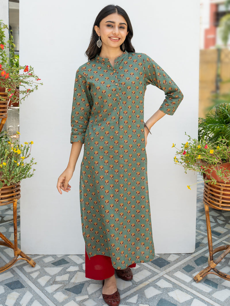 Green Printed Cotton Kurta For Women's