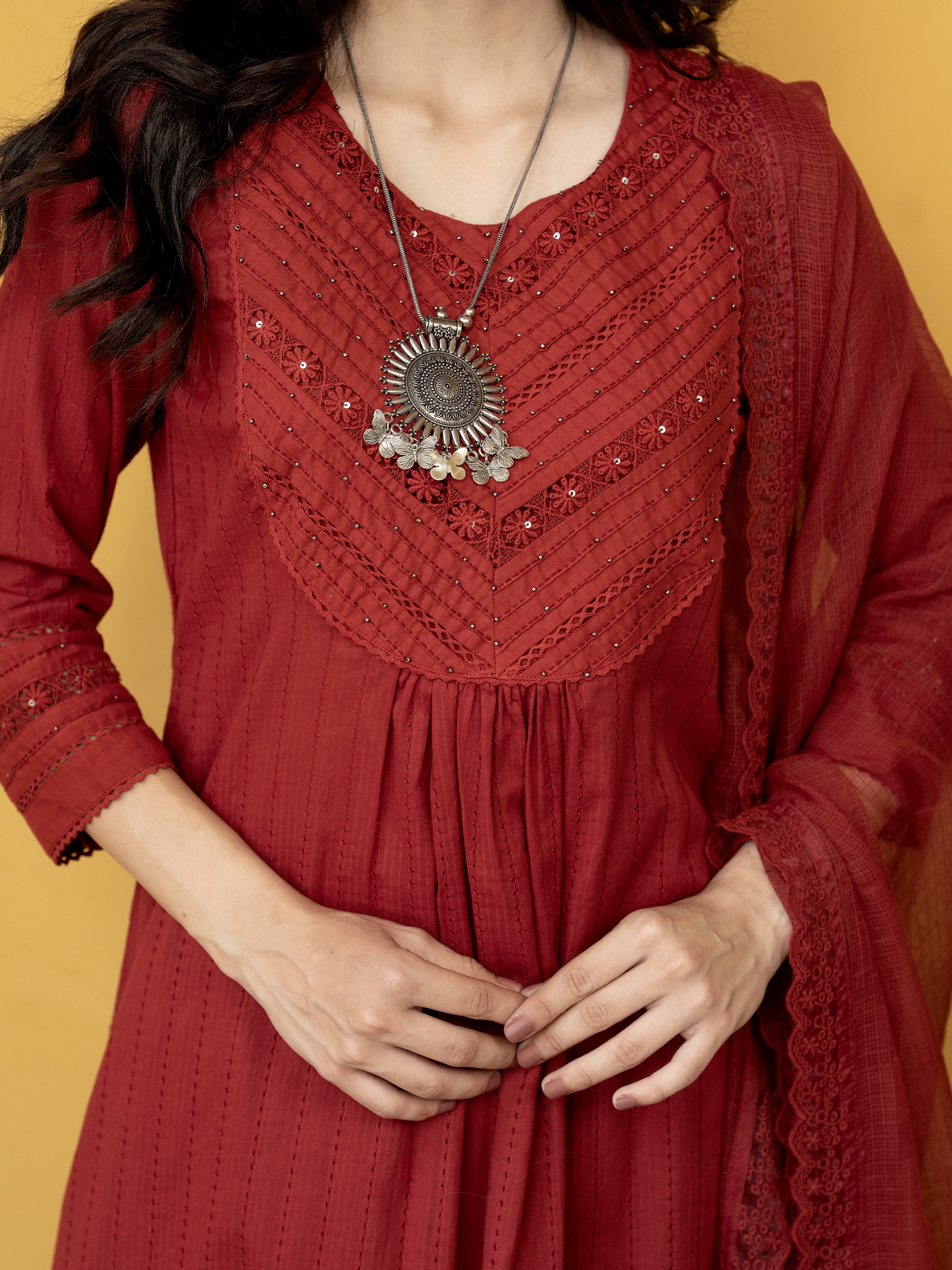 Maroon Cotton Dobby Complete Suit Set For Women's
