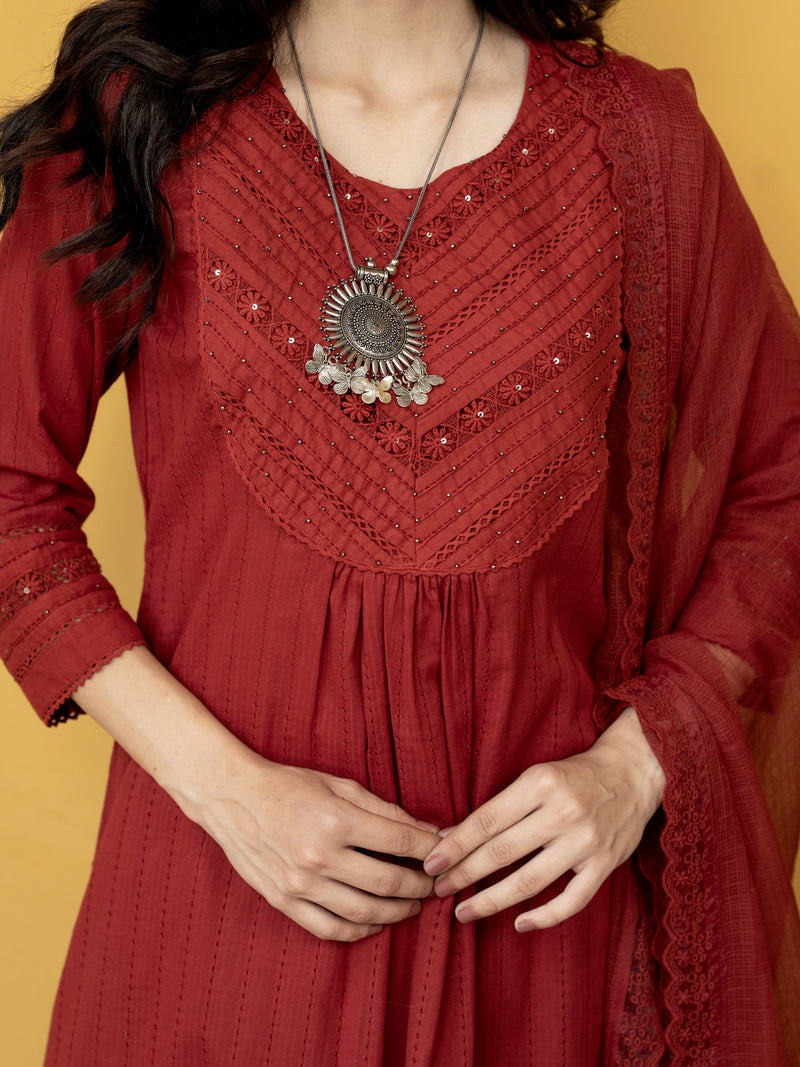 Maroon Cotton Dobby Complete Suit Set For Women's