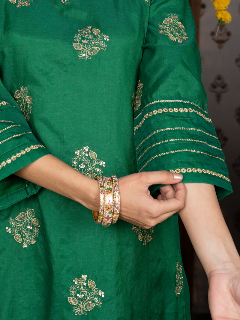 Green Chanderi Round Complete Suit Set For Women's