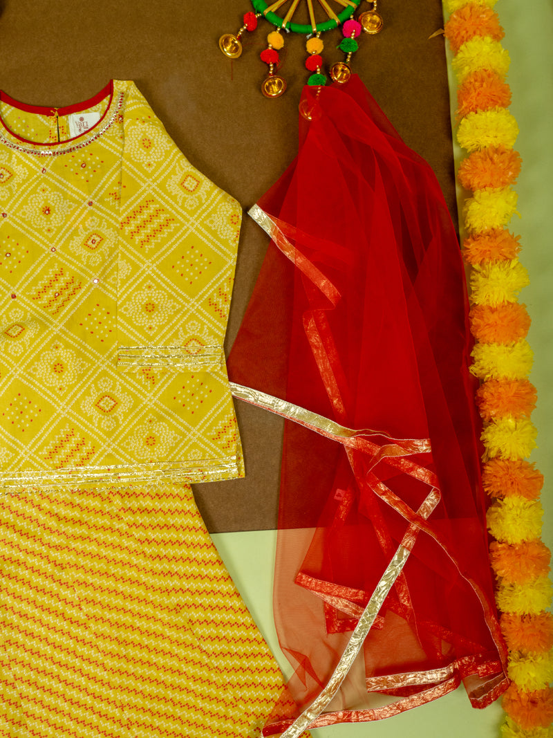 Yellow Cotton Printed 3 Pcs Sharara Set For Girls