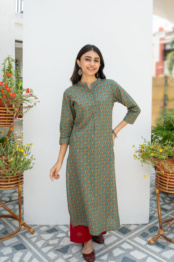 Green Printed Cotton Kurta For Women's