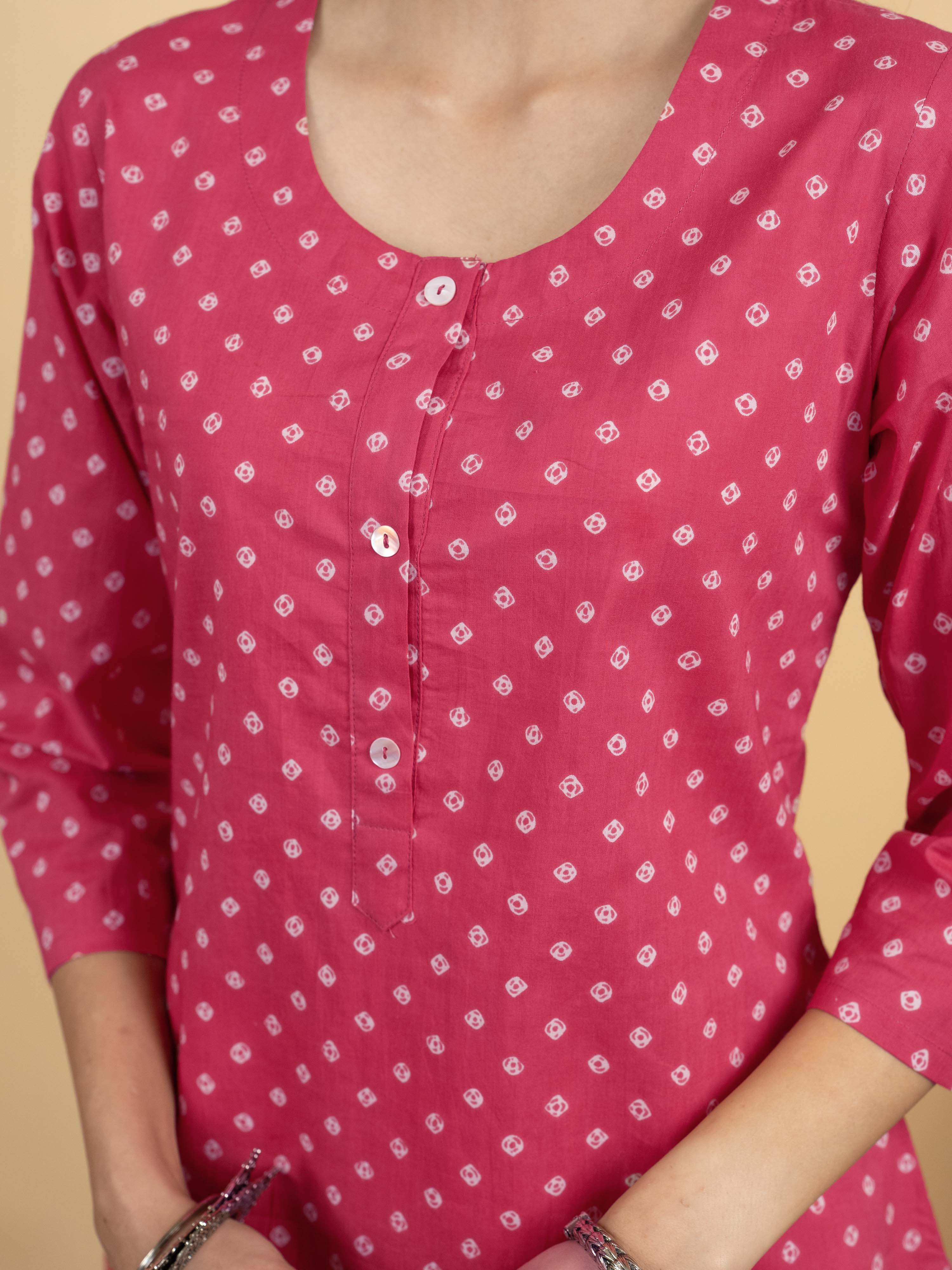 Pink Colour Cotton Round With Bandhani PrintBandhani Print Kurta