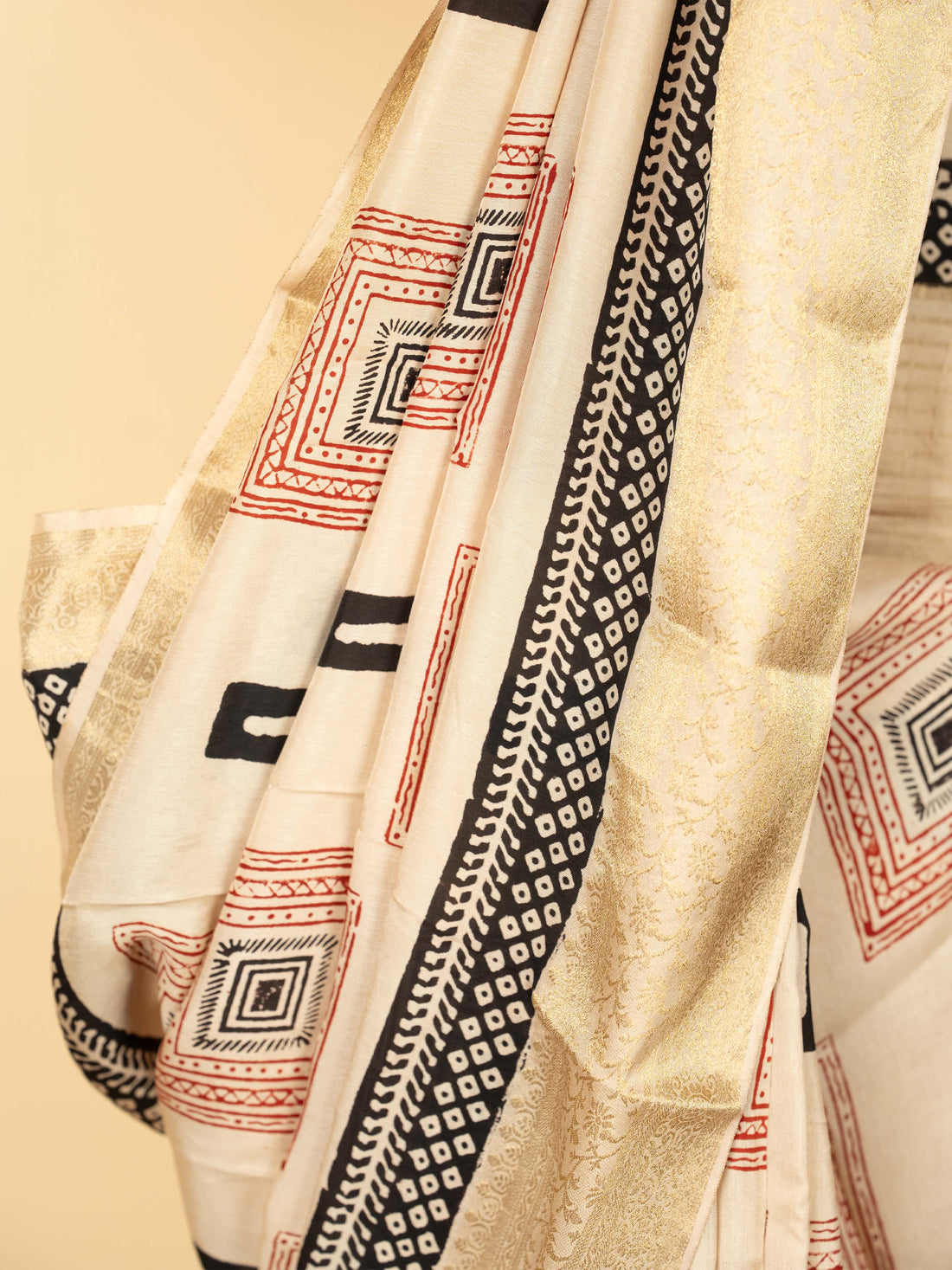 Beige Dola Silk Block Printed Saree