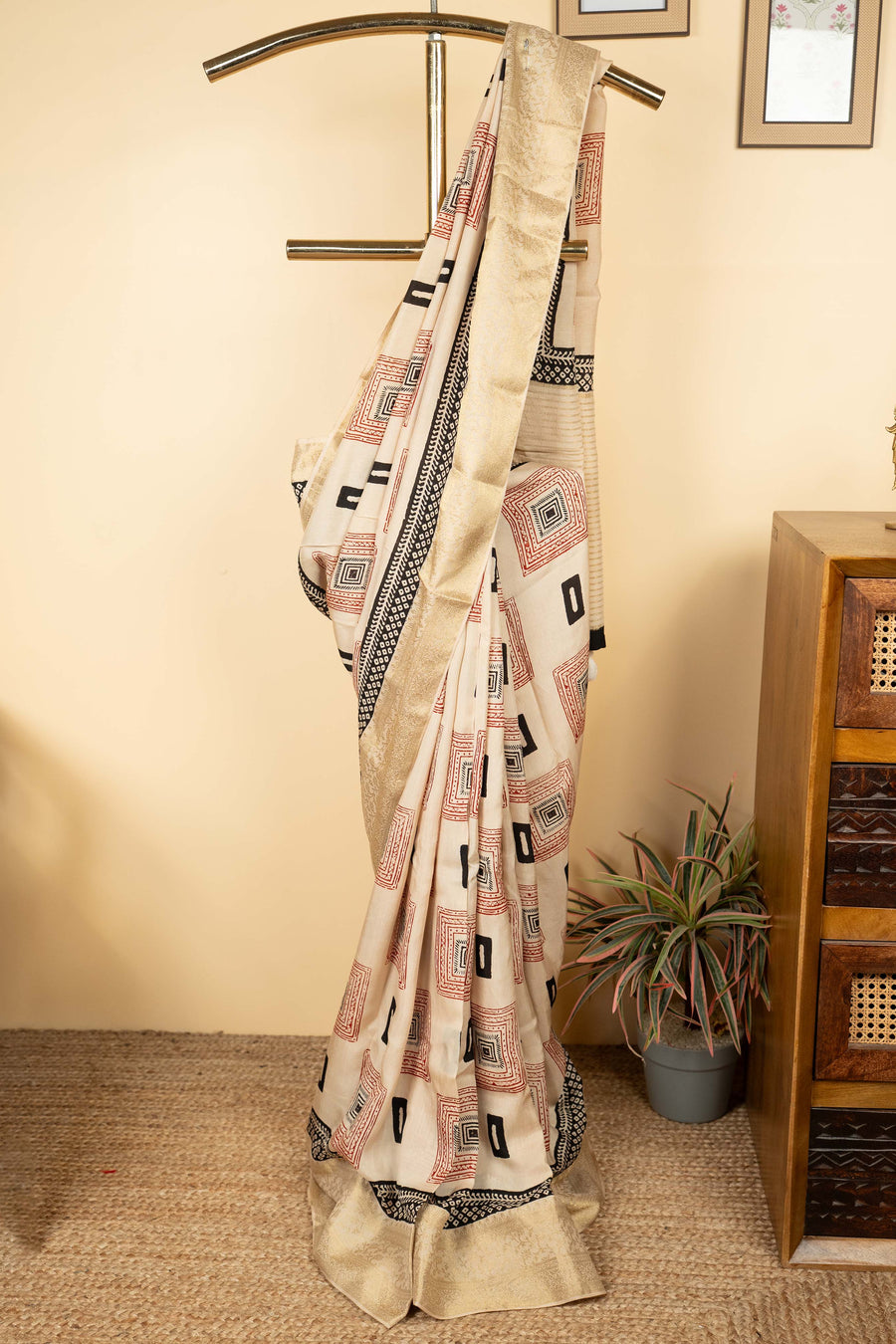 Beige Dola Silk Block Printed Saree