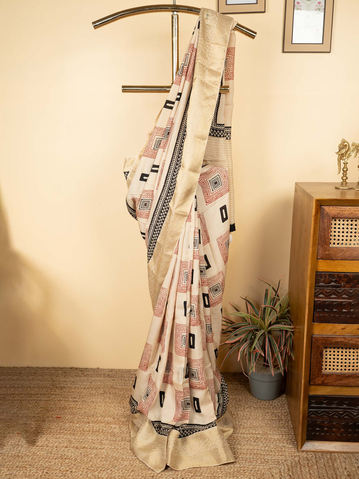 Beige Dola Silk Block Printed Saree