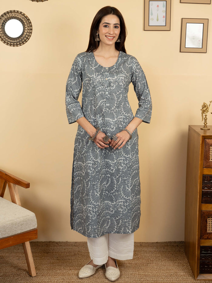 Gray Color Cotton Round With V Neck Abstract Print Kurta
