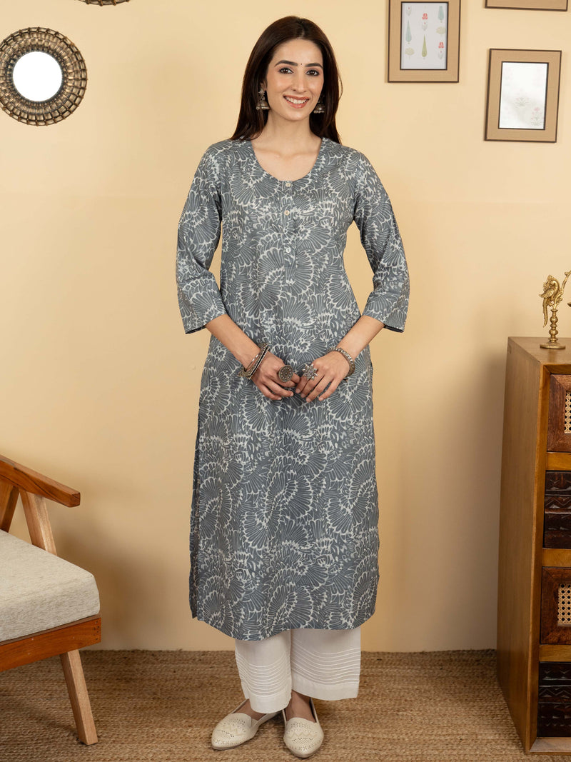 Gray Color Cotton Round With V Neck Abstract Print Kurta