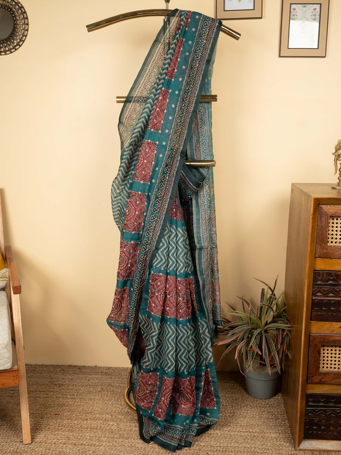 Peacock Green Chanderi Hand Kantha Saree