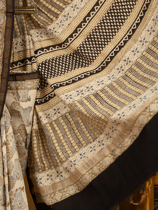 Beige Chanderi Block Printed Saree