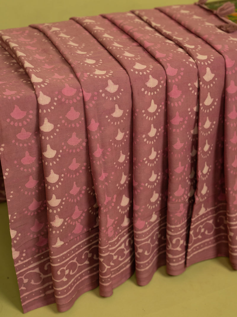 Coral Pink Cotton Block Printed Saree