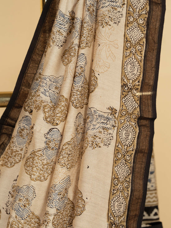 Beige Chanderi Block Printed Saree