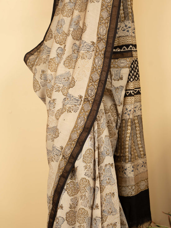 Beige Chanderi Block Printed Saree