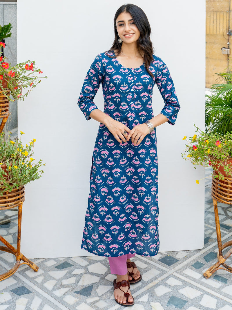 Blue Printed Cotton Kurta For Women's
