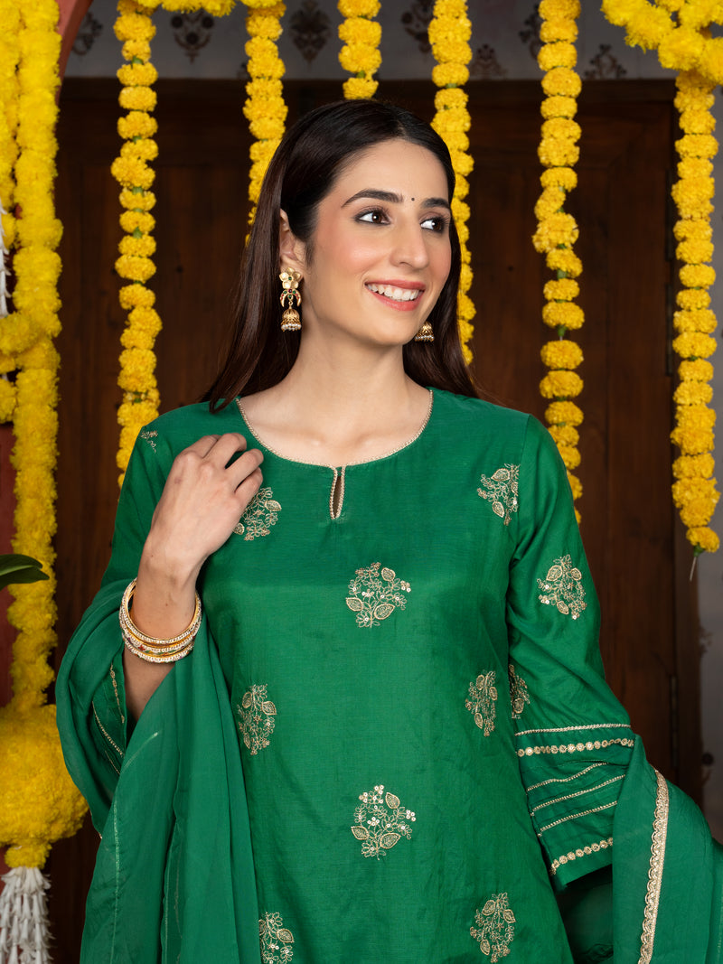 Green Chanderi Round Complete Suit Set For Women's