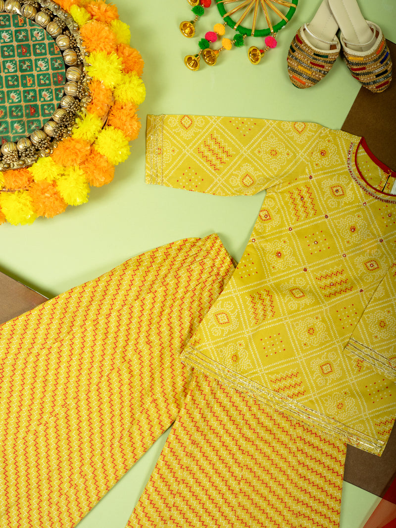 Yellow Cotton Printed 3 Pcs Sharara Set For Girls