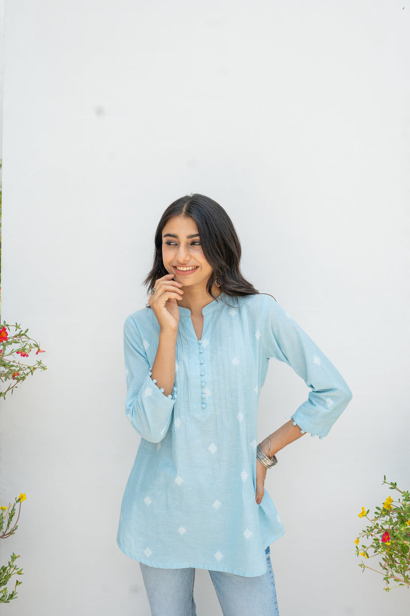 Skyblue Handloom Cotton Short Kurti For Women's